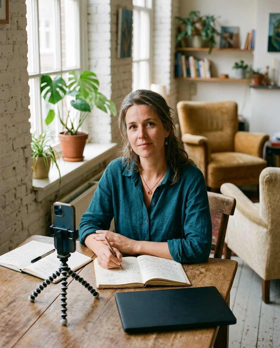 Een coach werkt in haar praktijk aan de marketing van haar online programma