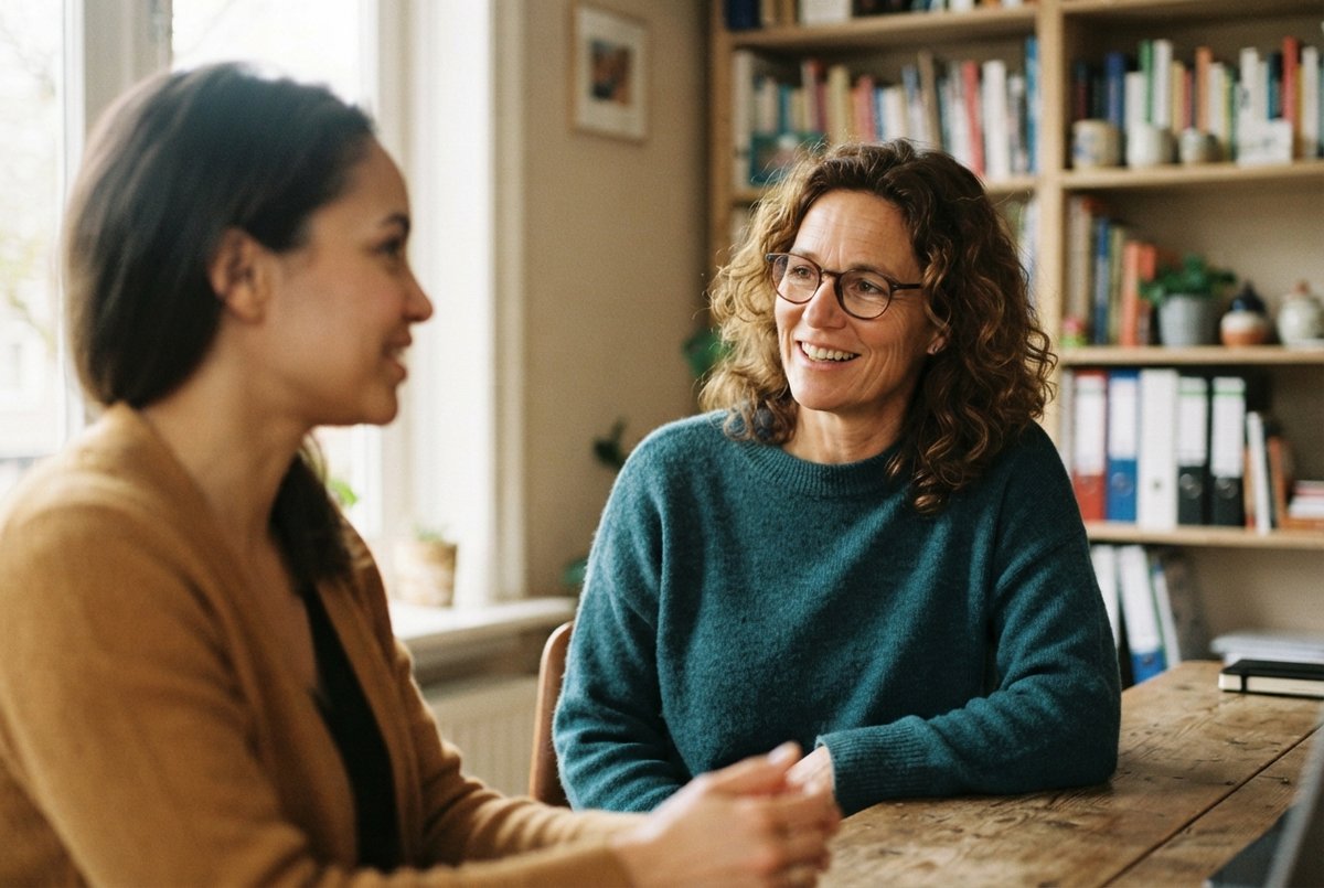 Een Nederlandse coach met een normale bril in gesprek met een klant in haar kantoor.
