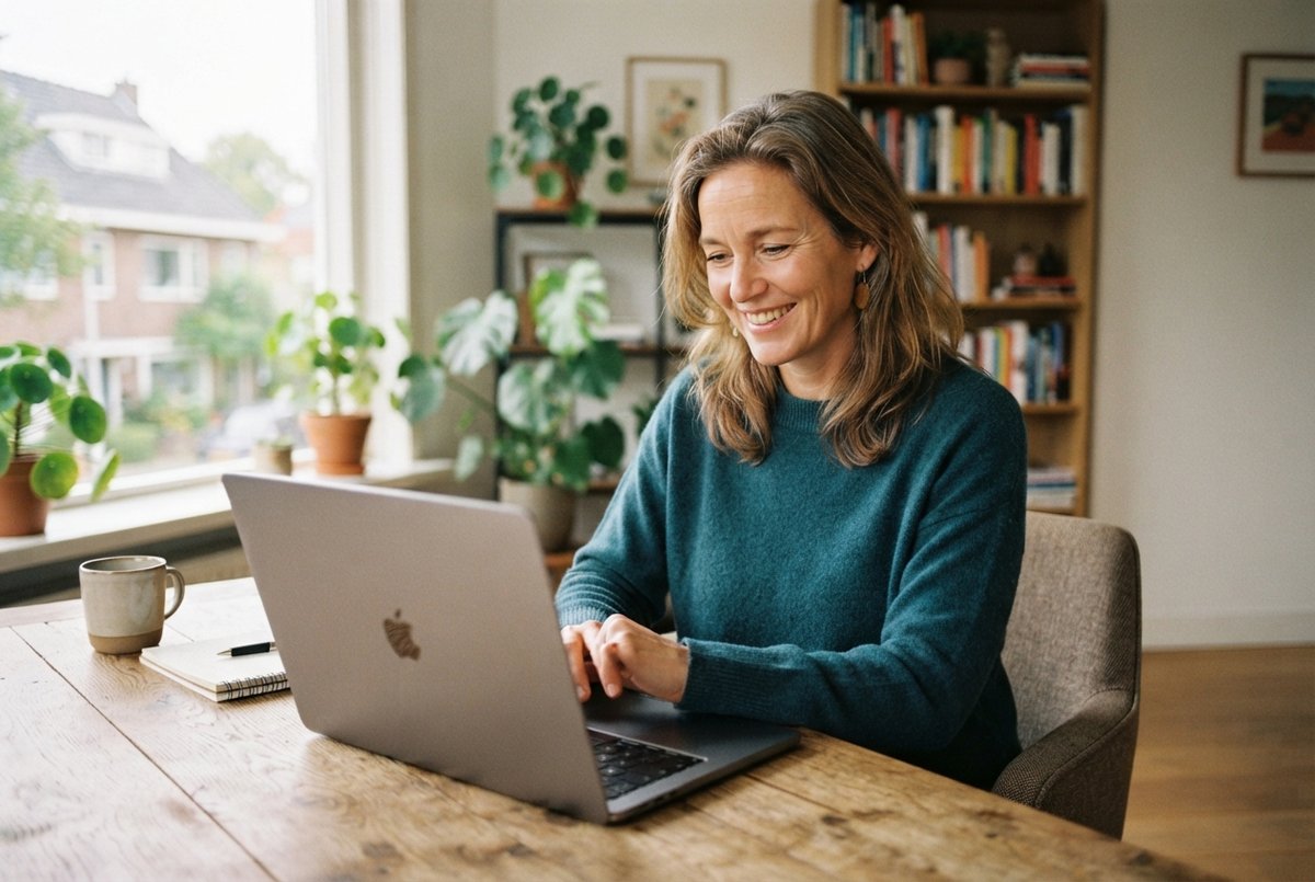 Een Nederlandse coach aan haar bureau die lachend op haar laptop kijkt in een licht kantoor.