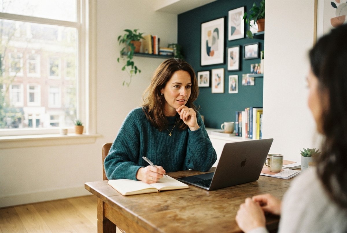 Een vrouwelijke coach aan haar bureau die op haar laptop kijkt naar de ontwikkelingen rondom ChatGPT