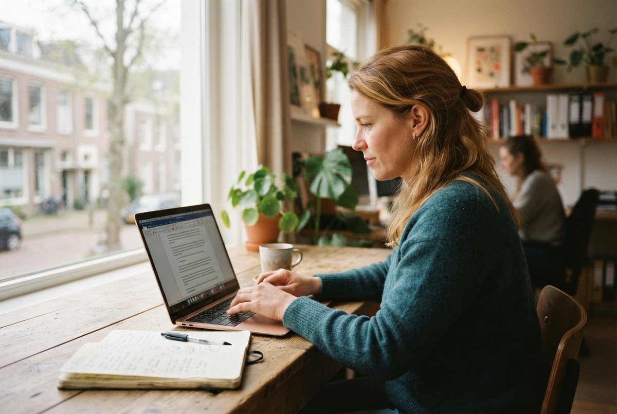 Een vrouwelijke coach die geconcentreerd achter haar laptop een tekst controleert in haar kantoor.