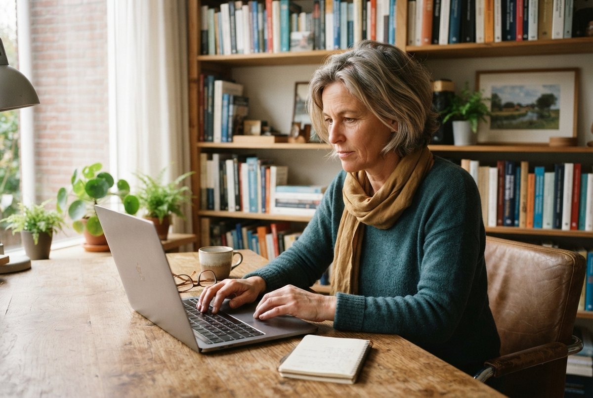Een vrouwelijke coach schrijft geconcentreerd aan een artikel op haar laptop in een licht kantoor.
