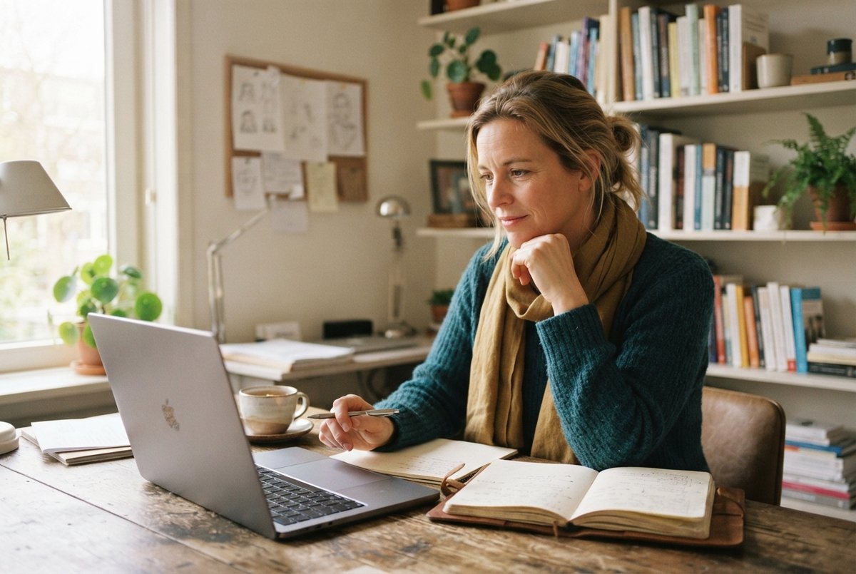 Een Nederlandse coach aan haar bureau die op haar laptop kijkt naar de prestaties van haar website.