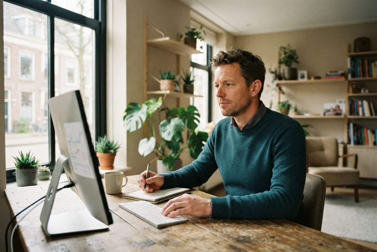 Een coach die geconcentreerd achter zijn computer in een licht kantoor aan de slag is met zijn website.